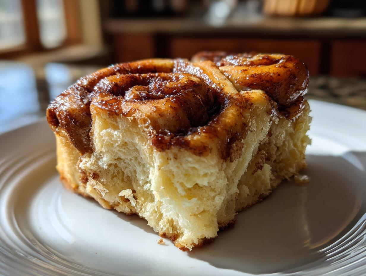Close-up of a delicious Cloud Bread Cinnamon Roll on a white plate, showing the soft texture and cinnamon filling.
