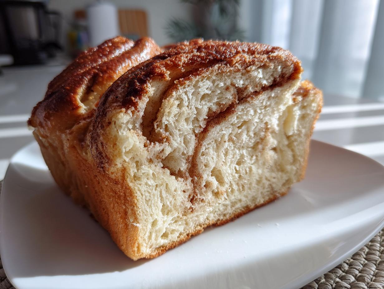 Close-up of a loaf of Cloud Bread Cinnamon Rolls on a white plate, showing the fluffy layers.