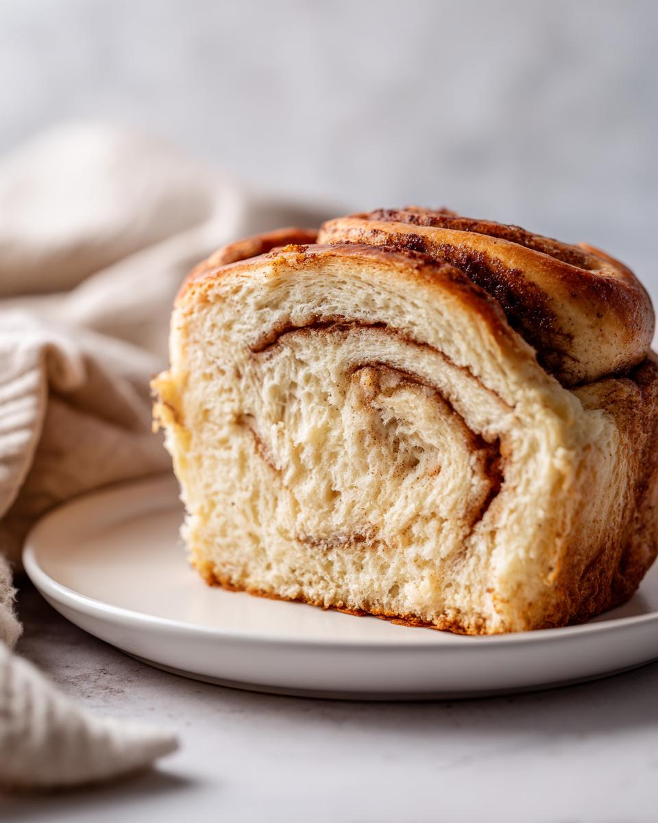 Close-up of a slice of Cloud Bread Cinnamon Rolls on a white plate, showing the swirl of cinnamon.