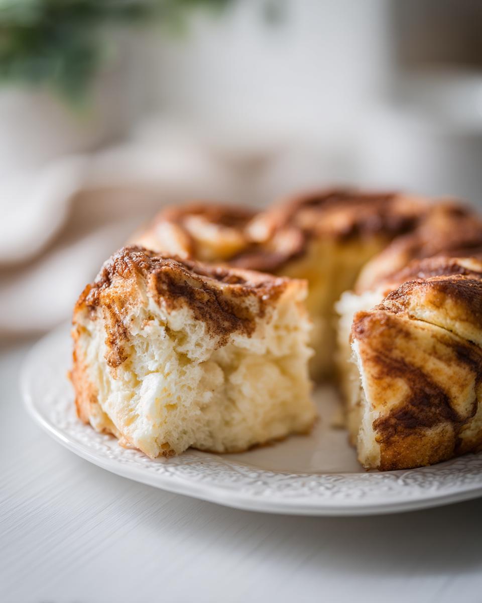 Close-up of a slice of Cloud Bread Cinnamon Rolls on a white plate, showing the fluffy texture.