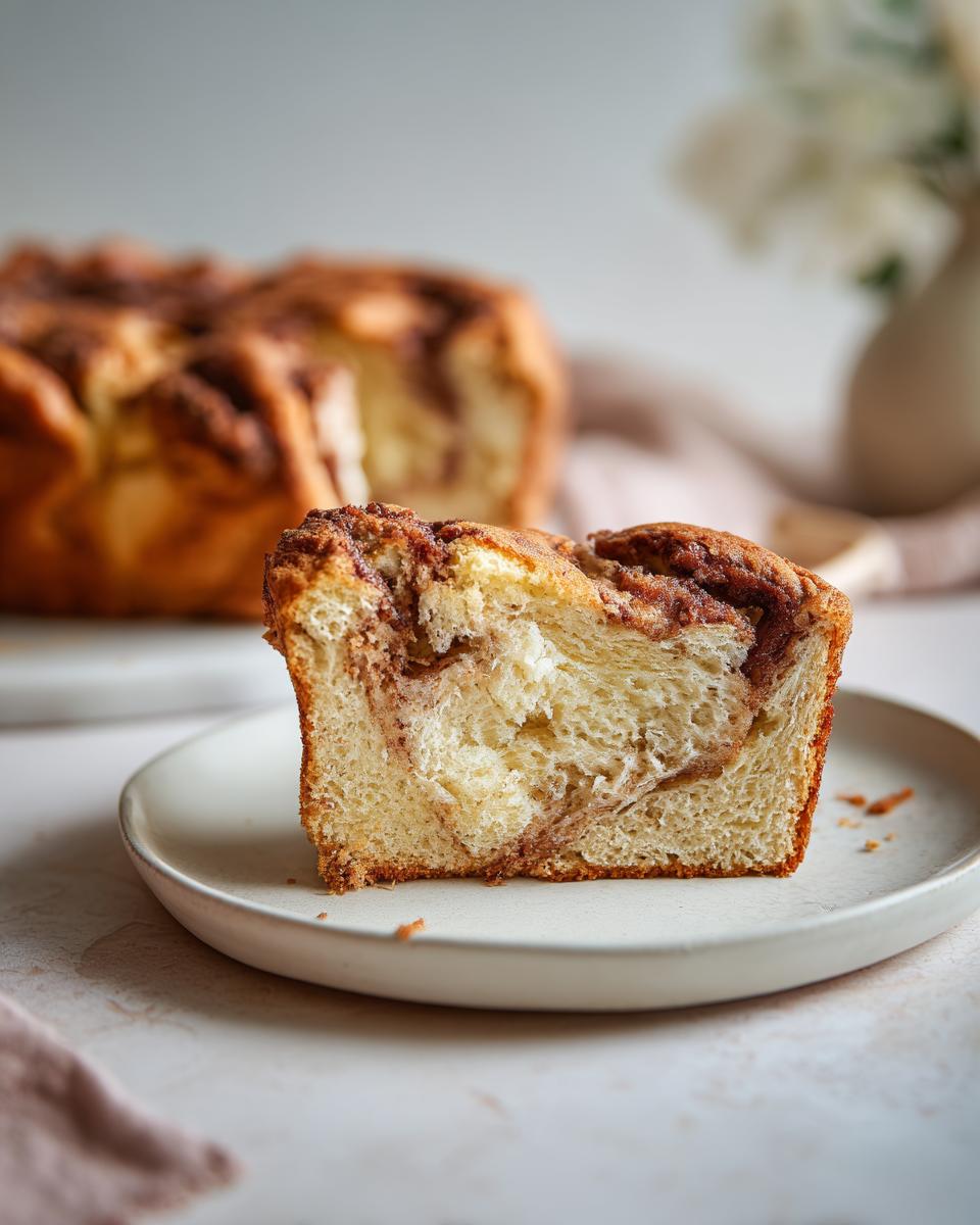 Close-up of a slice of Cloud Bread Cinnamon Rolls on a plate, showing the fluffy texture and cinnamon swirl.