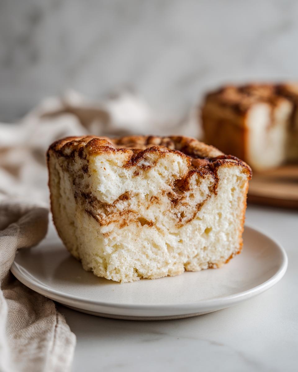 Close-up of a slice of Cloud Bread Cinnamon Rolls on a white plate, showing the fluffy texture and cinnamon swirl.