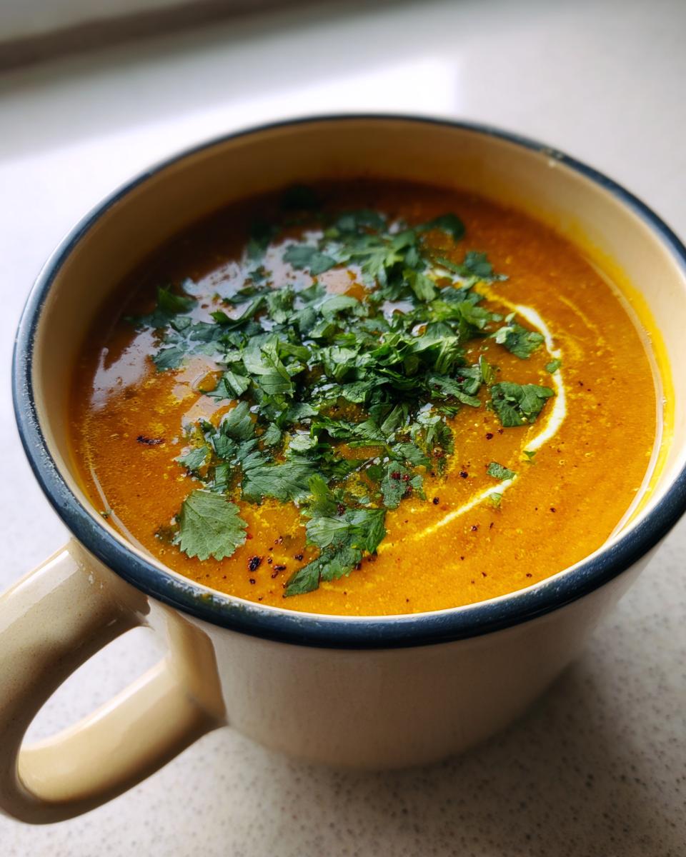 Close-up of a bowl of delicious Coconut Curry Lentil Soup, garnished with fresh herbs and a swirl of cream.