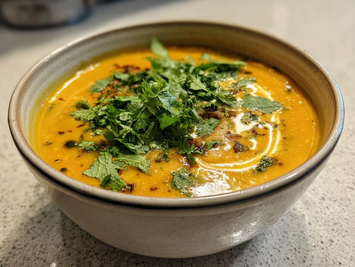A bowl of delicious Coconut Curry Lentil Soup garnished with fresh cilantro and a swirl of cream.
