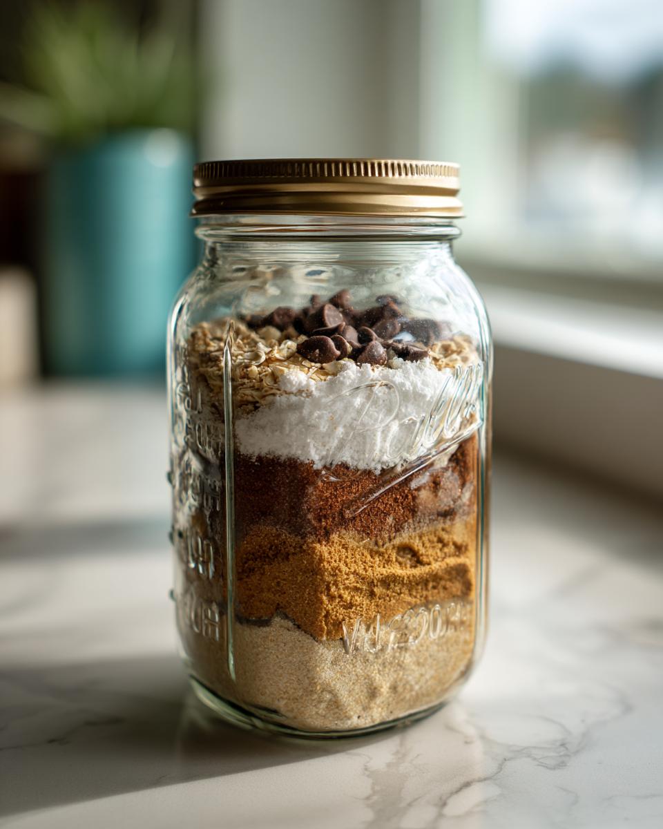A layered Cookie Mix in a Jar with oats, flour, brown sugar, and chocolate chips.