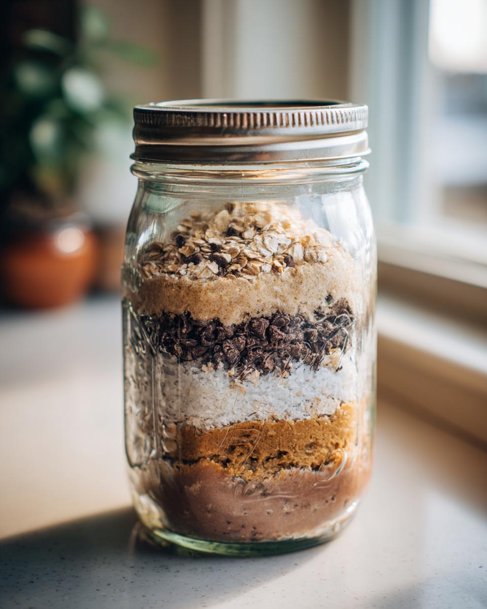 A mason jar filled with layers of ingredients for a cookie mix in a jar recipe, including oats, chocolate chips, and flour.