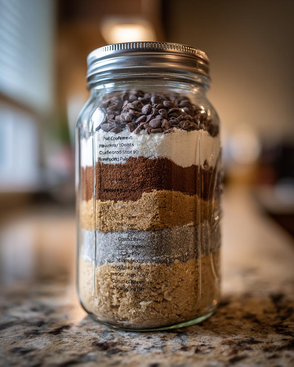A mason jar filled with layers of dry ingredients for a cookie mix in a jar recipe.