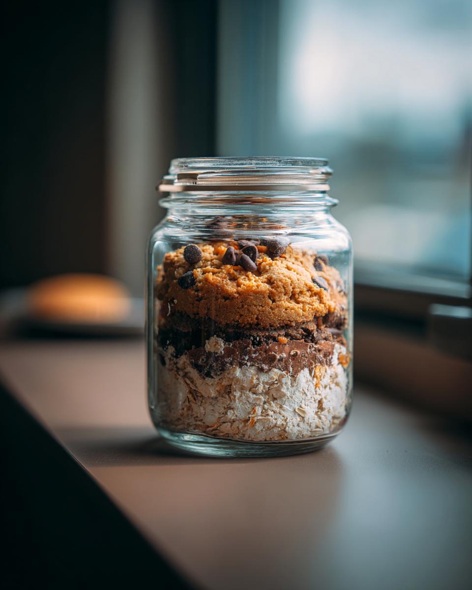 Layers of ingredients for a cookie mix in a jar, including oats, chocolate chips, and cookie dough.