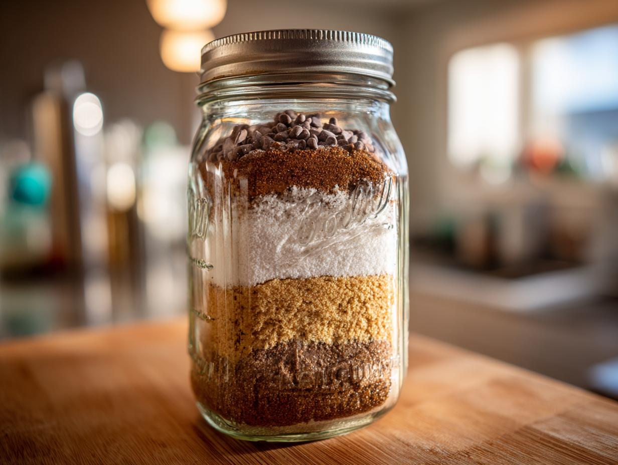 A clear glass jar filled with layered ingredients for a cookie mix in a jar, topped with chocolate chips.