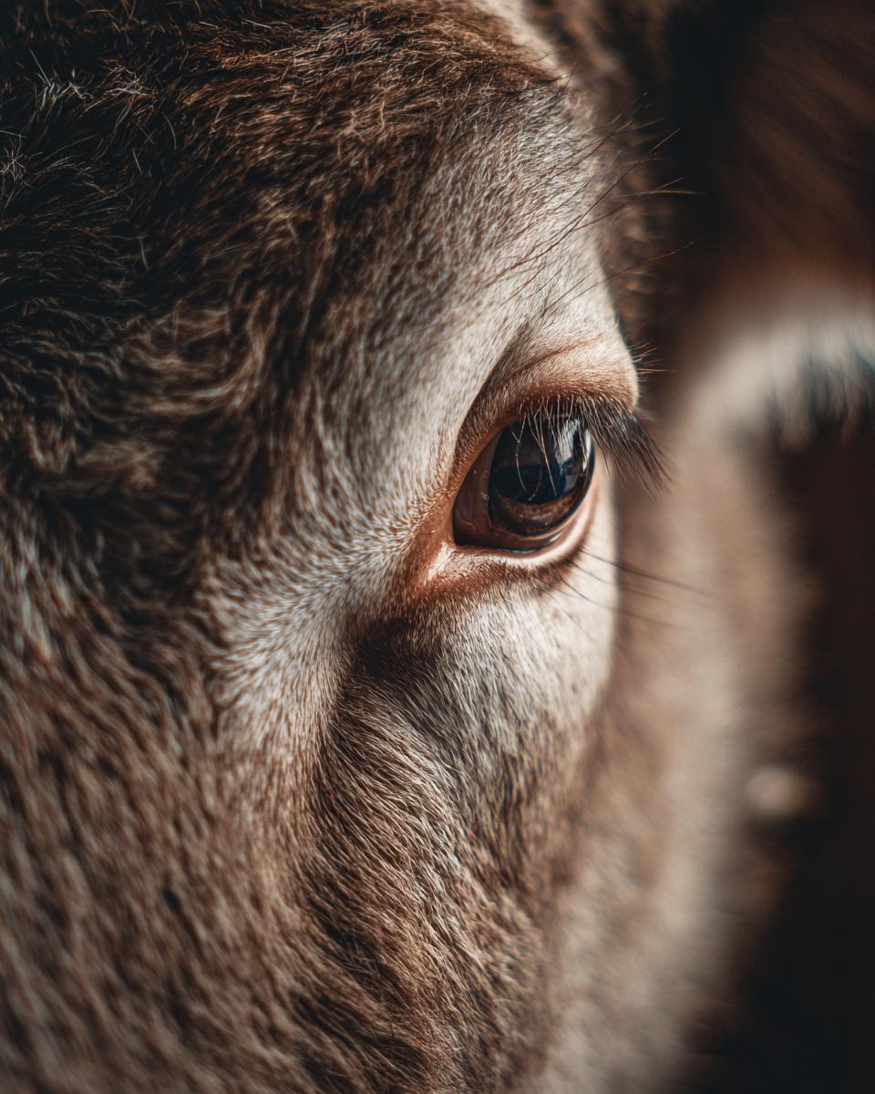 Extreme close-up of a cow's eye and fur, showing texture and detail.