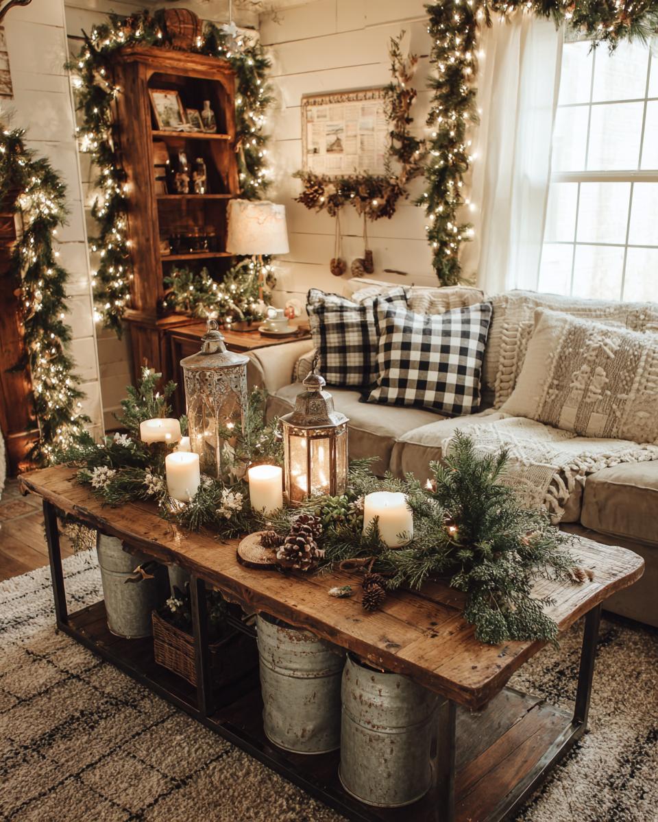 A cozy farmhouse living room decorated for Christmas with twinkling lights, plaid pillows, and a rustic coffee table centerpiece.