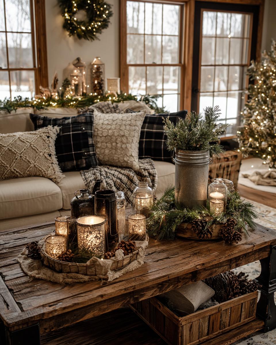 A cozy farmhouse living room decorated for Christmas with plaid pillows, warm lighting, and a wreath.