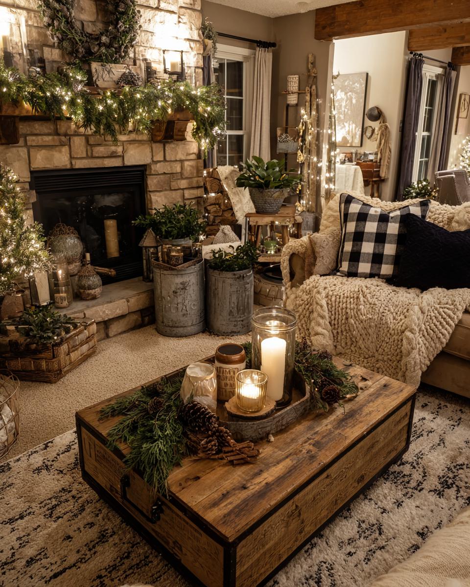 A cozy farmhouse living room decorated for Christmas, featuring a stone fireplace, twinkling lights, and a rustic coffee table.