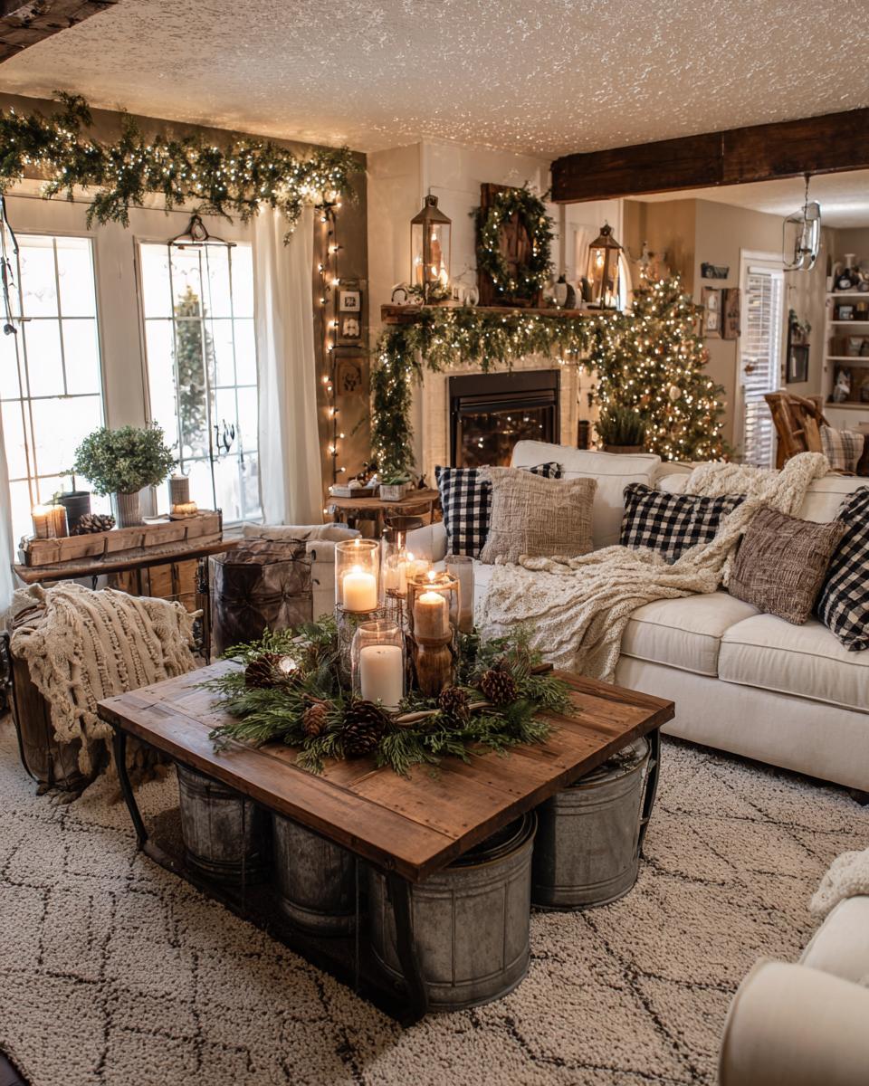 A warm and inviting farmhouse living room decorated for Christmas, featuring a fireplace, Christmas tree, and festive lights.