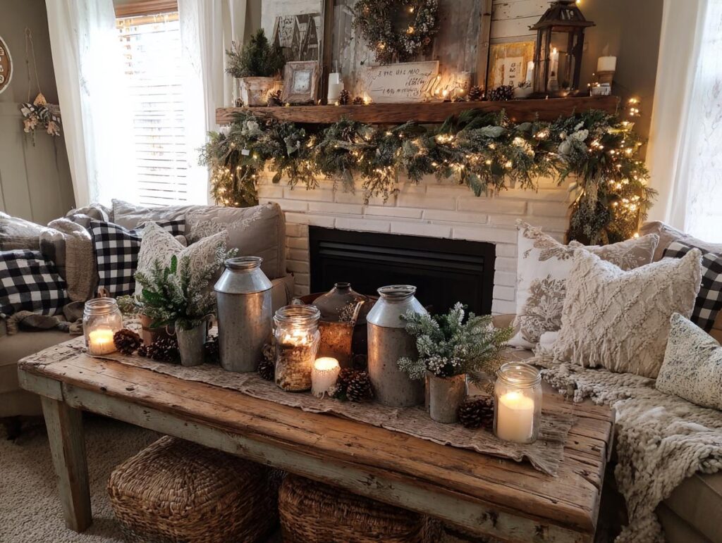 A cozy farmhouse living room decorated for Christmas with a fireplace garland, candles, and rustic decor.