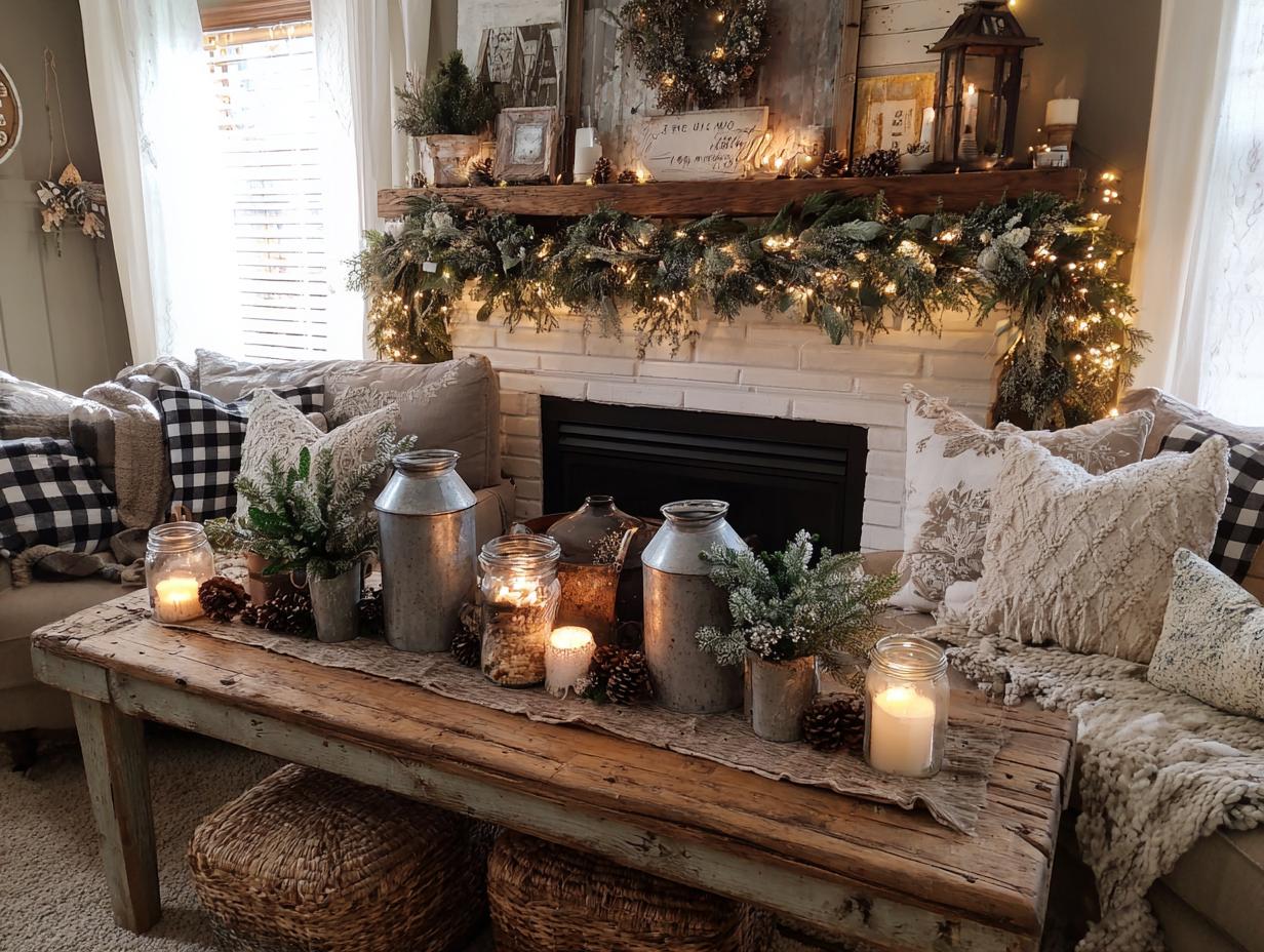 A cozy farmhouse living room decorated for Christmas with a fireplace garland, candles, and rustic decor.