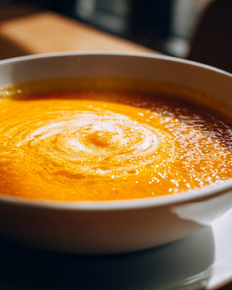 Close-up of a bowl of creamy Cozy Pumpkin Soup with a swirl of cream.