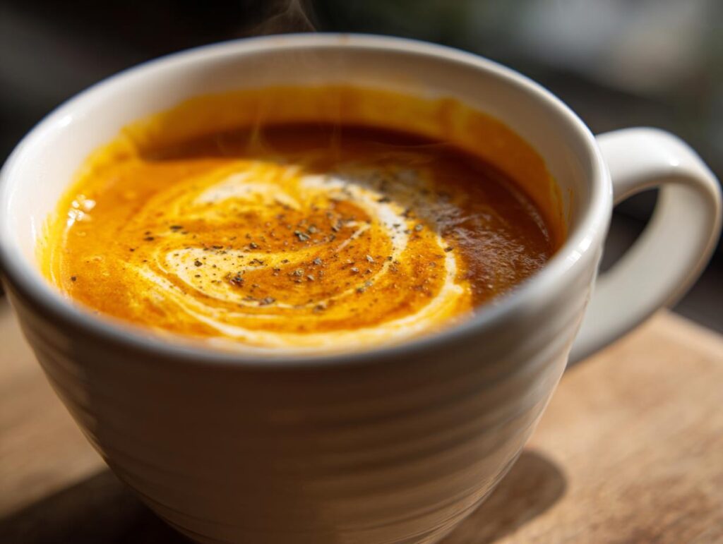Close-up of a steaming mug of Cozy Pumpkin Soup, swirled with cream and sprinkled with herbs.