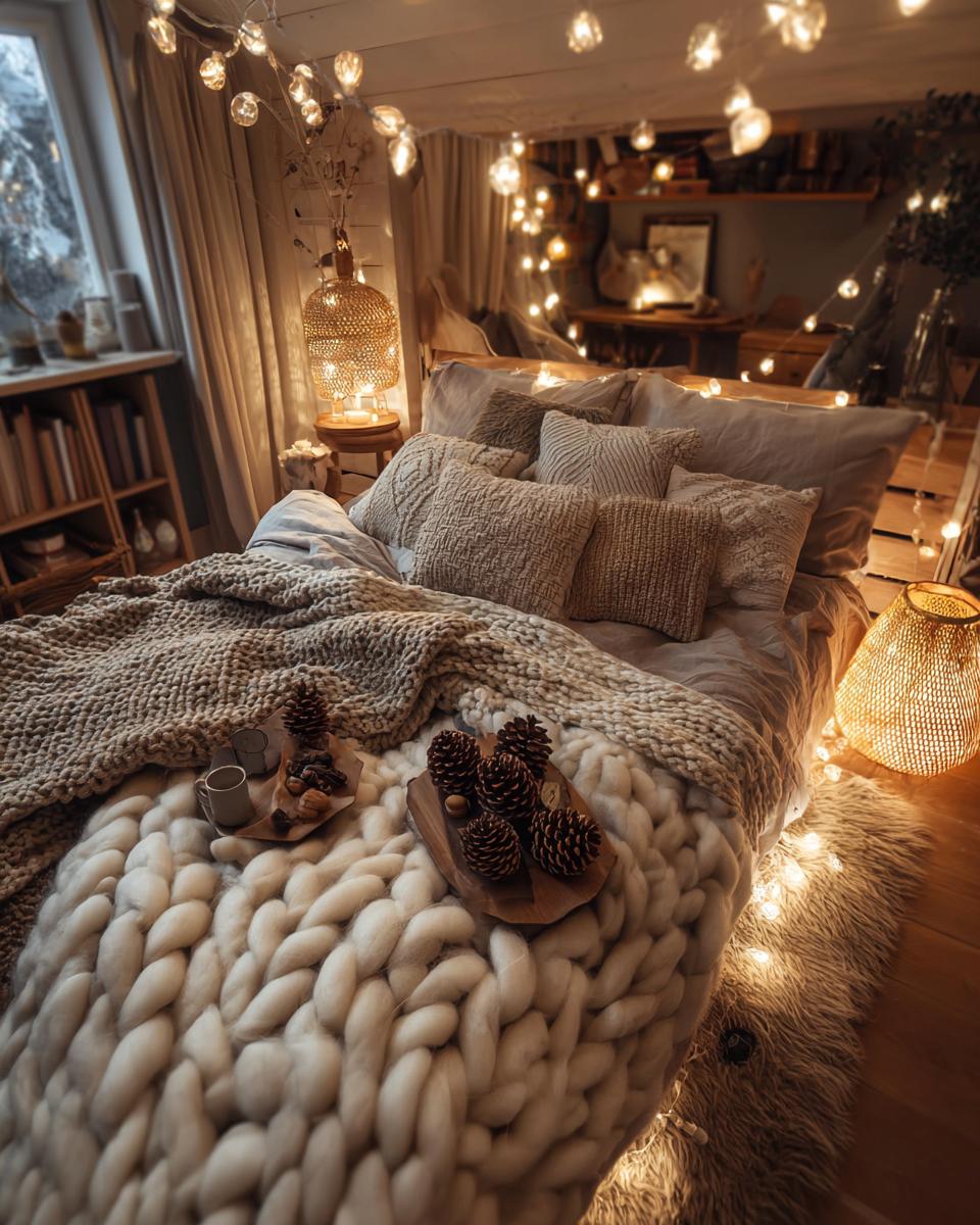 A cozy winter bedroom makeover featuring a bed with plush blankets, textured pillows, and warm fairy lights.