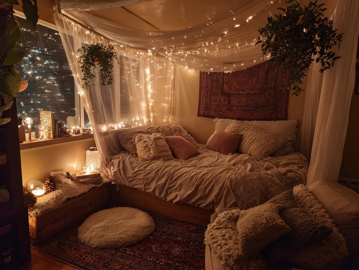 A cozy winter bedroom makeover featuring a bed draped with sheer curtains and fairy lights, creating a warm and inviting atmosphere.