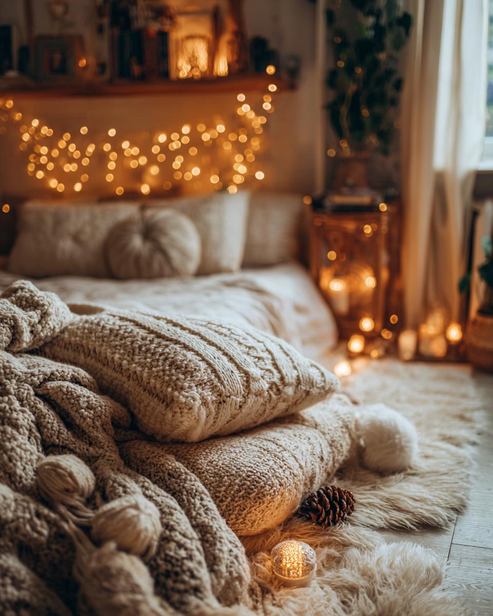 A cozy winter bedroom makeover scene with soft blankets, pillows, fairy lights, and candles.