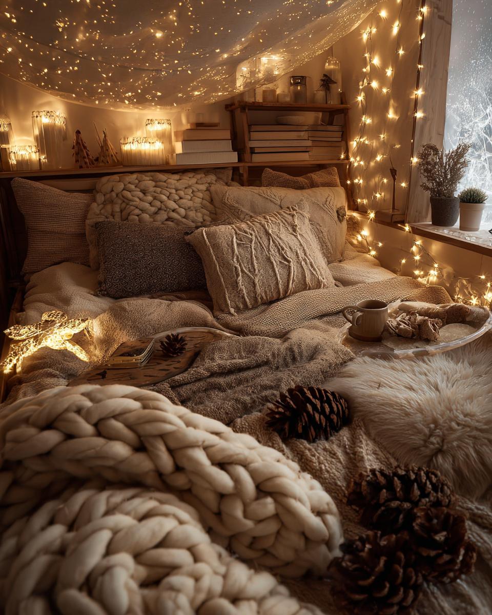 A cozy winter bedroom makeover featuring a bed with plush blankets, warm fairy lights, and pinecones.