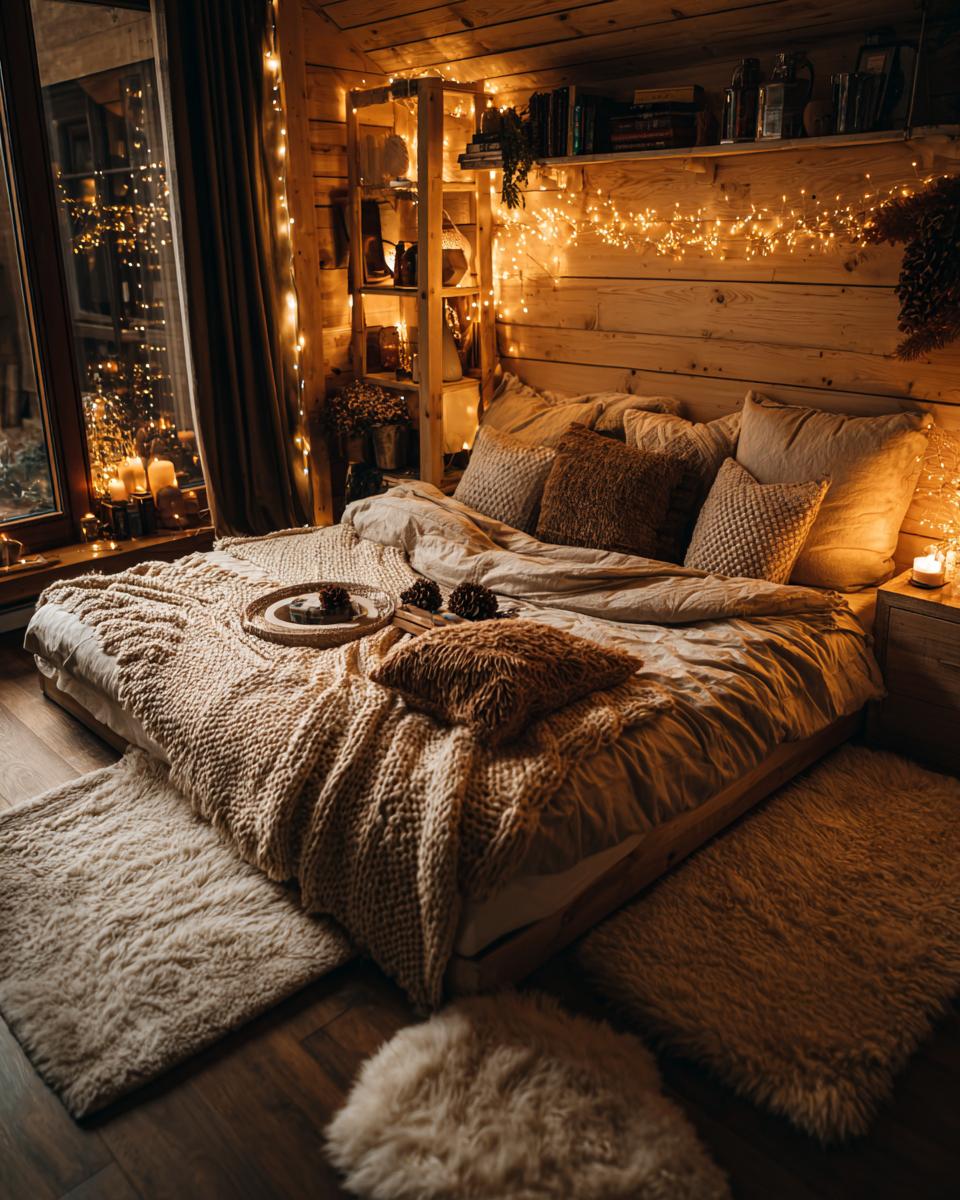A cozy winter bedroom makeover featuring a bed with plush blankets, soft pillows, and warm string lights.