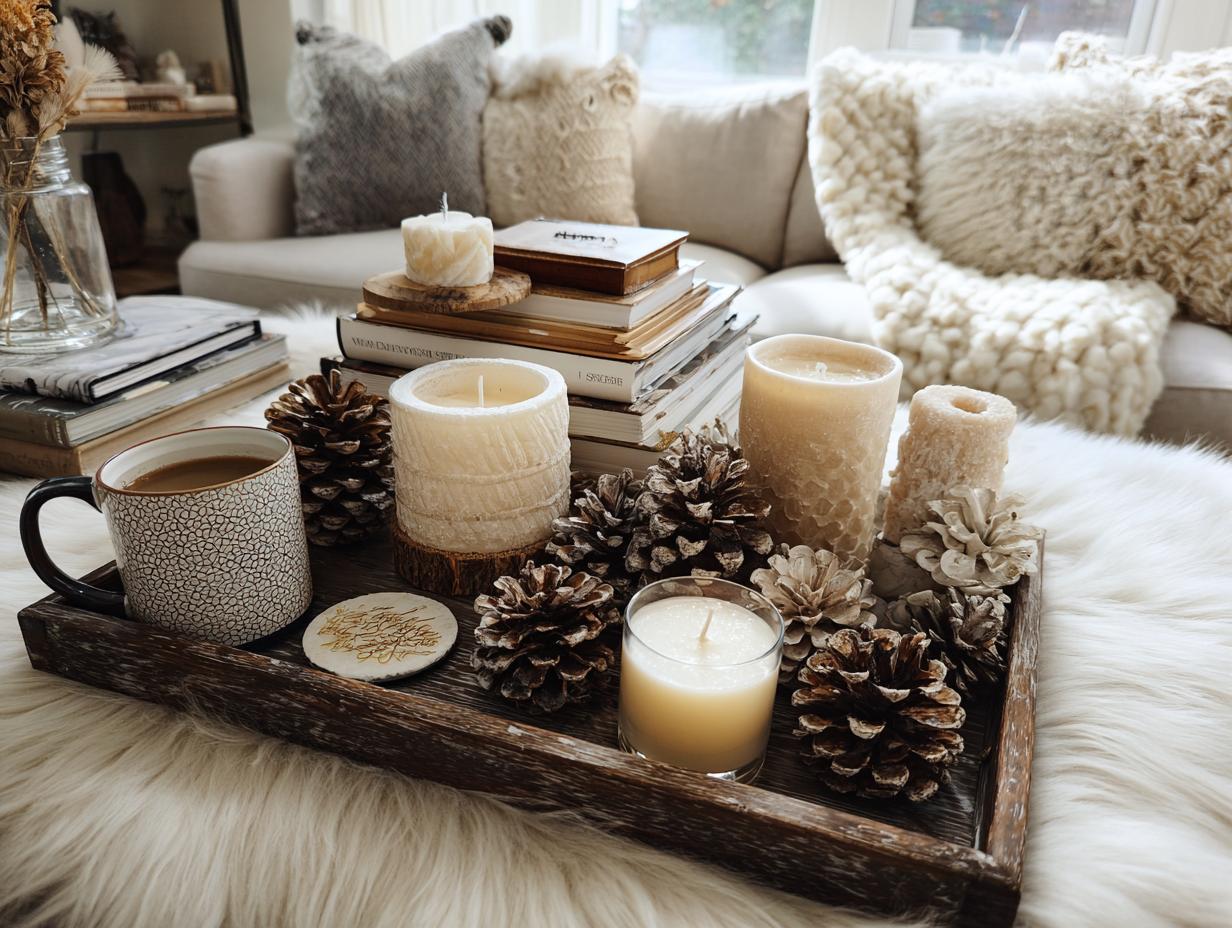 A rustic wooden tray with candles, pinecones, and a mug of coffee, showcasing cozy winter coffee table styling ideas.