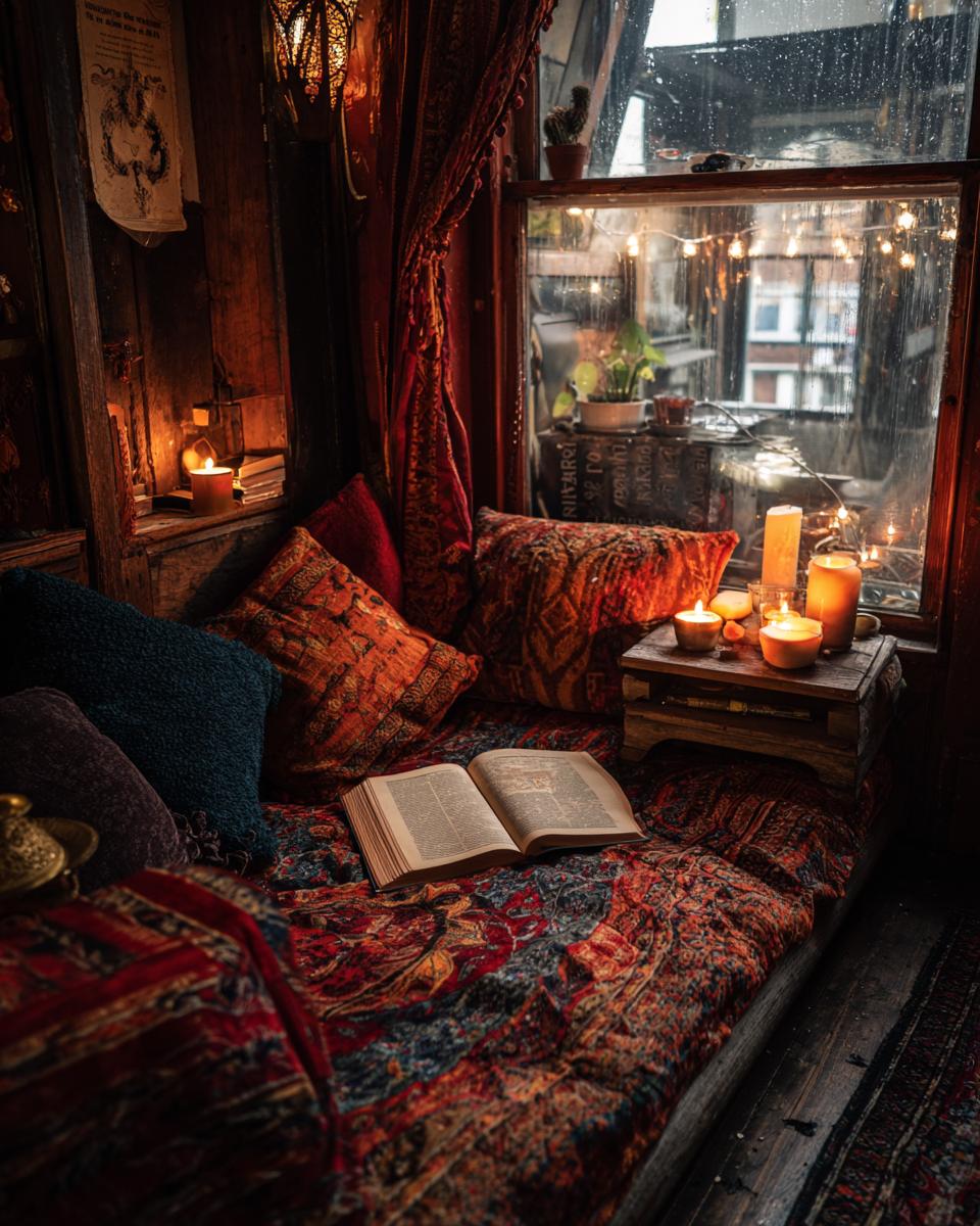 An open book rests on a plush, patterned cushion in a cozy winter reading nook, illuminated by warm candlelight and fairy lights.