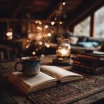 A steaming mug of coffee rests on an open book, part of a cozy winter reading nook setup with fairy lights and a lantern.