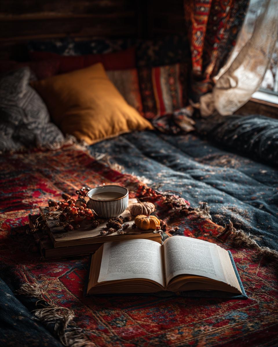 An open book rests on a patterned rug next to a cup of coffee, creating a cozy winter reading nook setup.