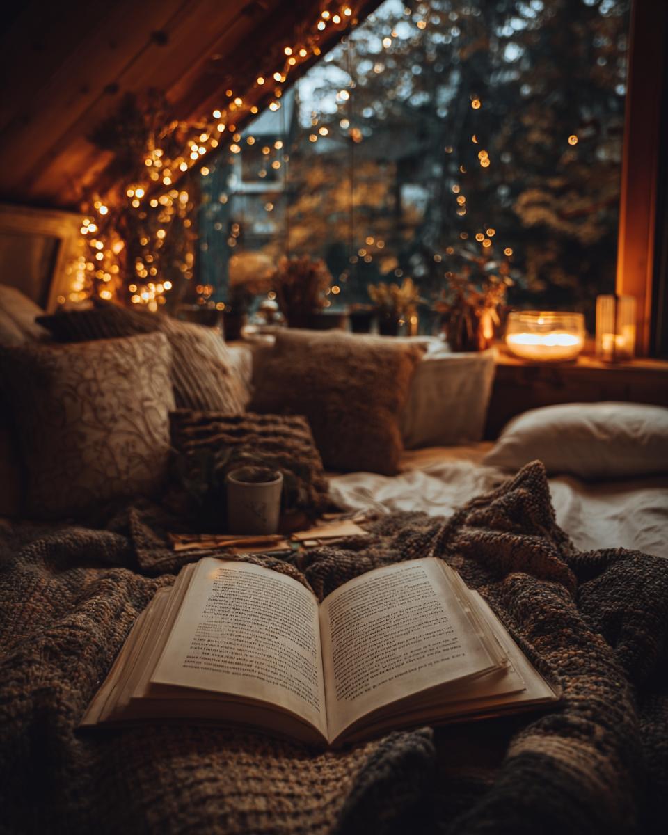An open book rests on a plush blanket in a cozy winter reading nook, illuminated by warm string lights.