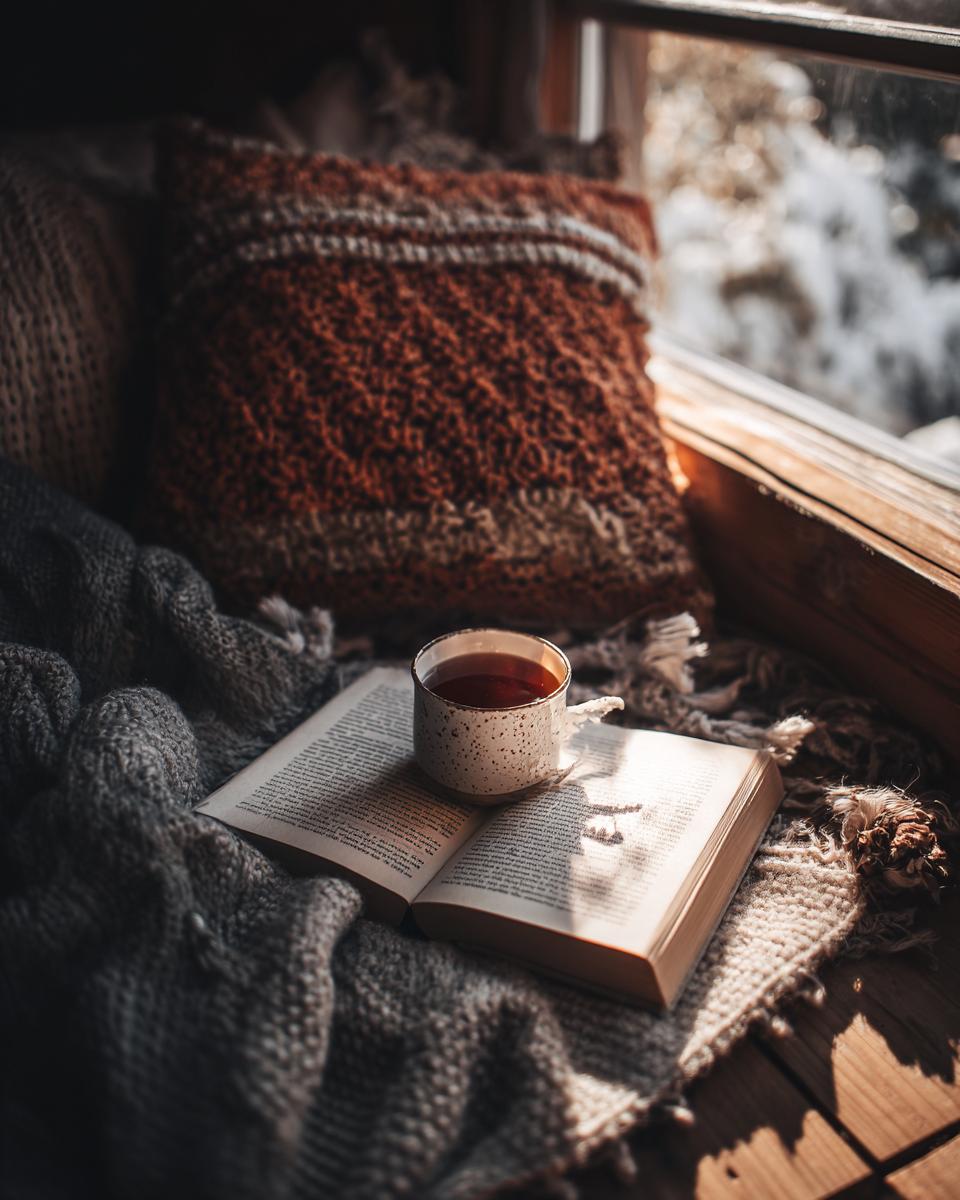 A cozy winter reading nook setup featuring an open book, a steaming cup of tea, and warm blankets by a window.