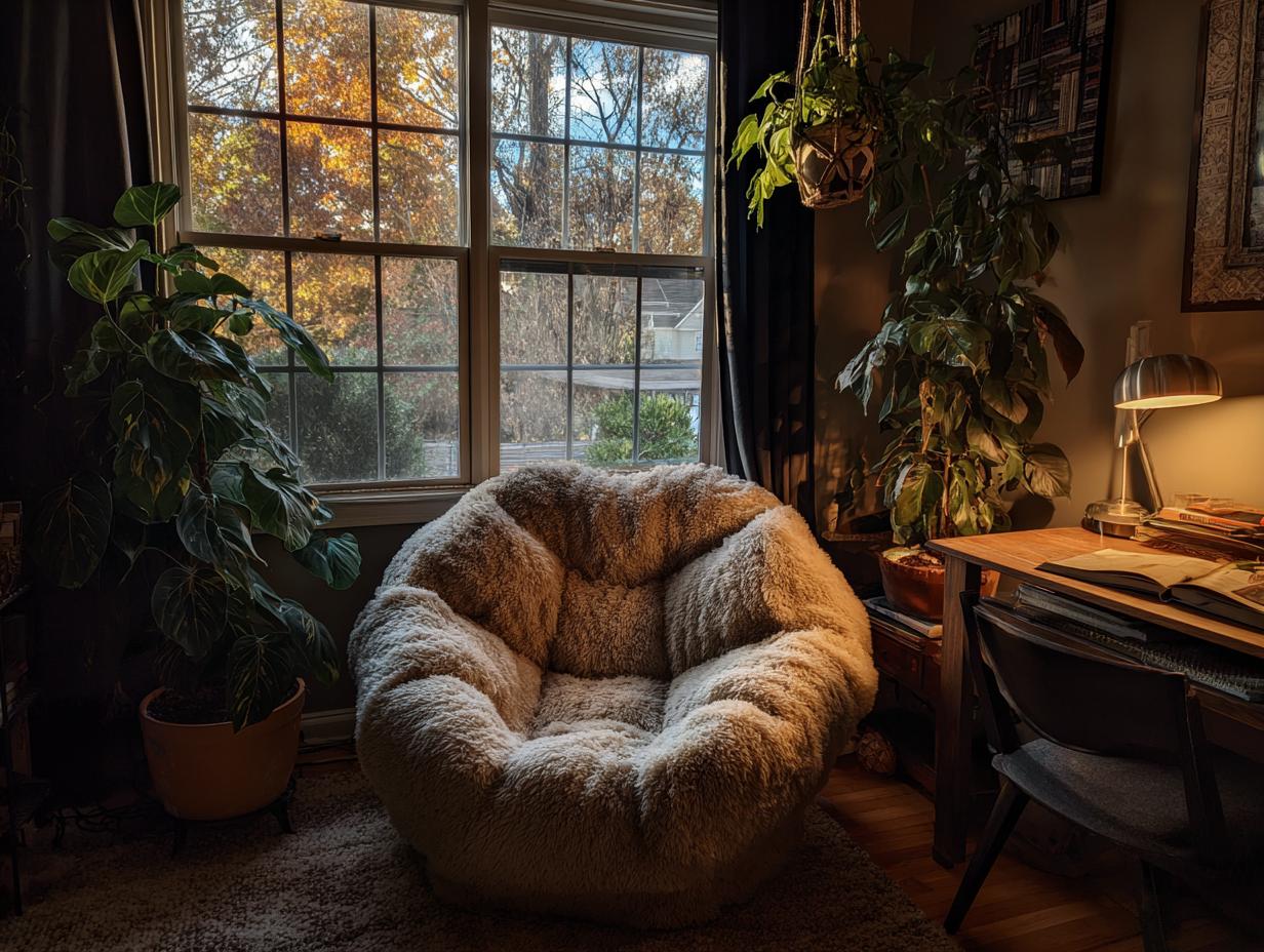 A plush, oversized armchair is the centerpiece of a cozy winter reading nook setup, bathed in warm light from a desk lamp and window.