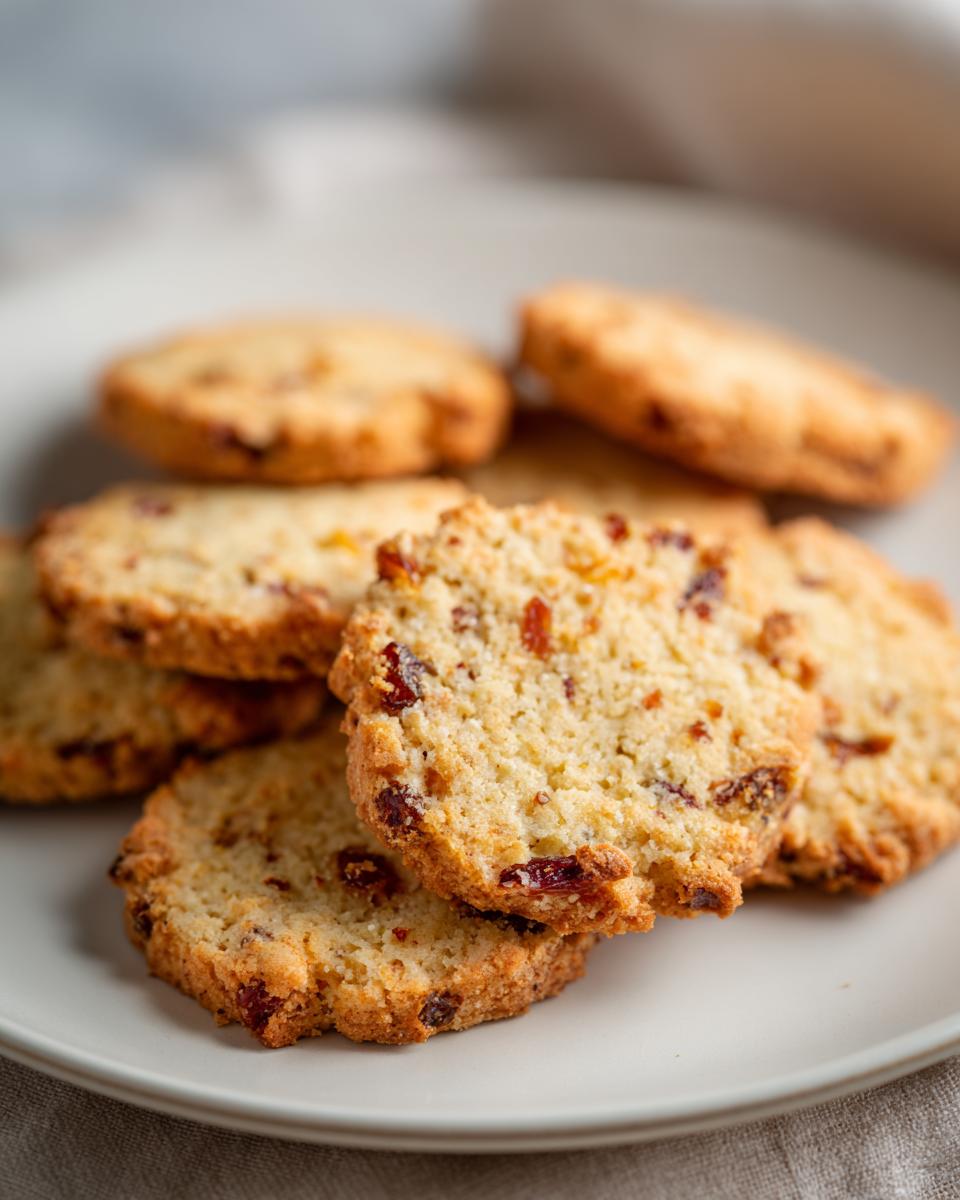 Close-up of delicious Cranberry Orange Shortbread Cookies piled on a light gray plate.