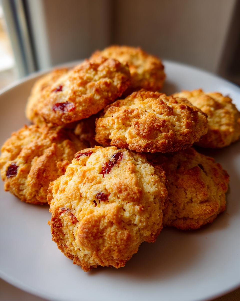A pile of golden Cranberry Orange Shortbread Cookies with visible pieces of dried cranberries.