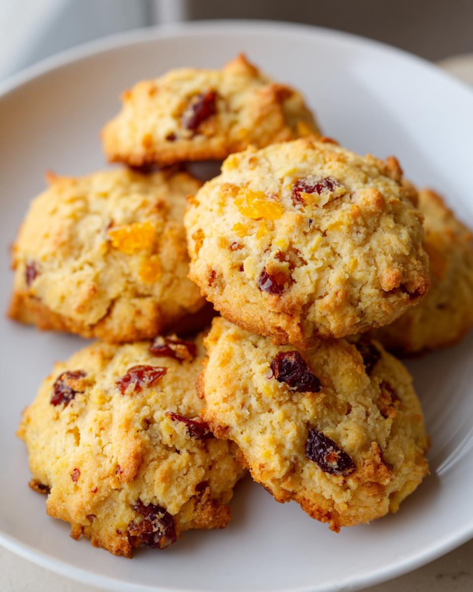 A stack of delicious Cranberry Orange Shortbread Cookies on a white plate, showing dried cranberries and orange zest.