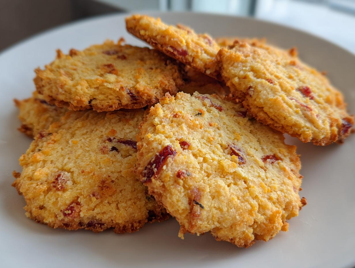 A close-up of a stack of golden Cranberry Orange Shortbread Cookies with visible dried cranberries and orange zest.