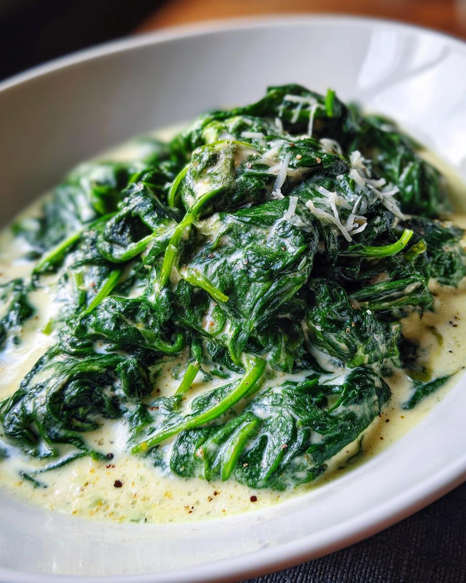 Close-up of creamy Creamed Spinach in a white bowl, garnished with cheese.