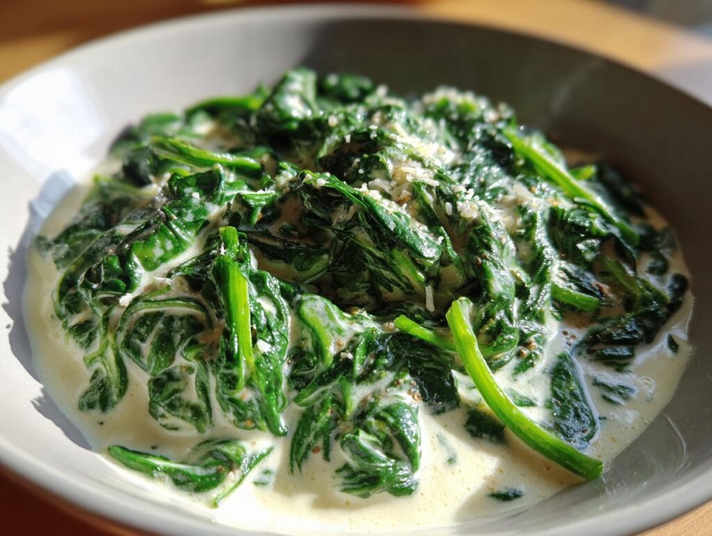 Close-up of a bowl of creamy, delicious Creamed Spinach, a comforting side dish.