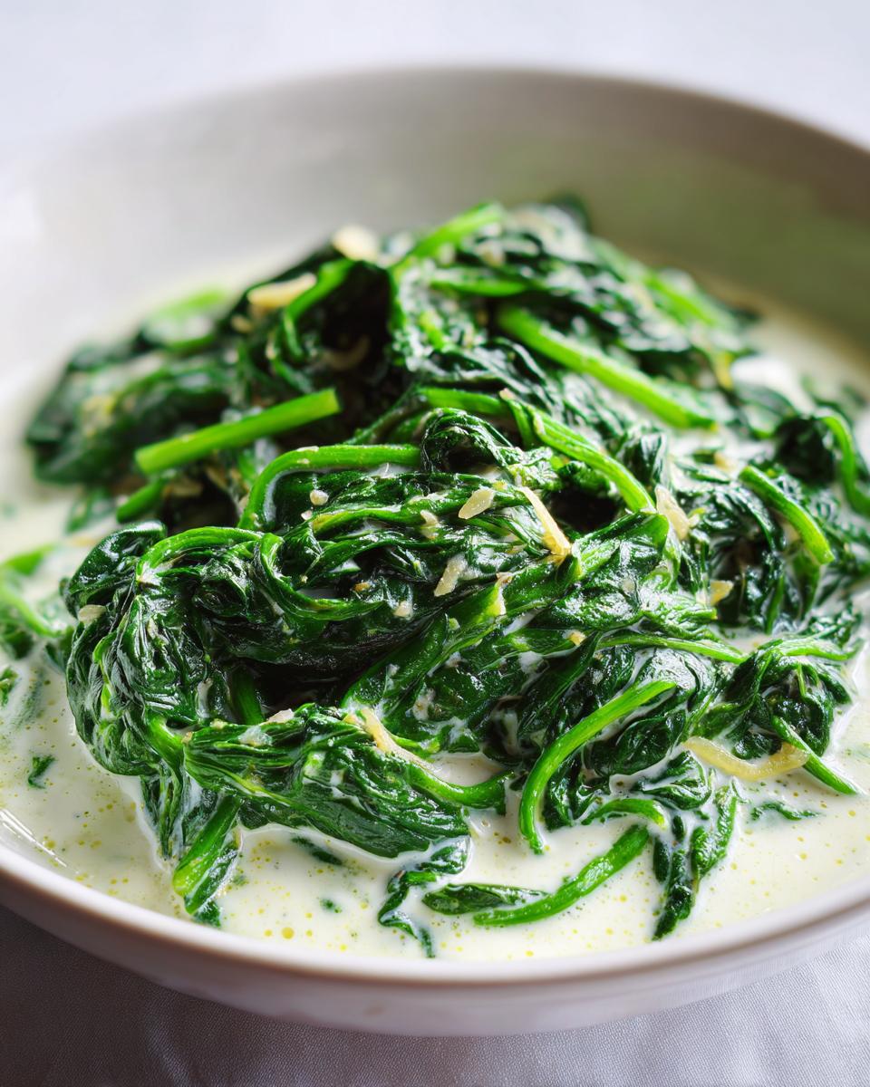 Close-up of Creamed Spinach in a white bowl, showing creamy sauce and fresh spinach.
