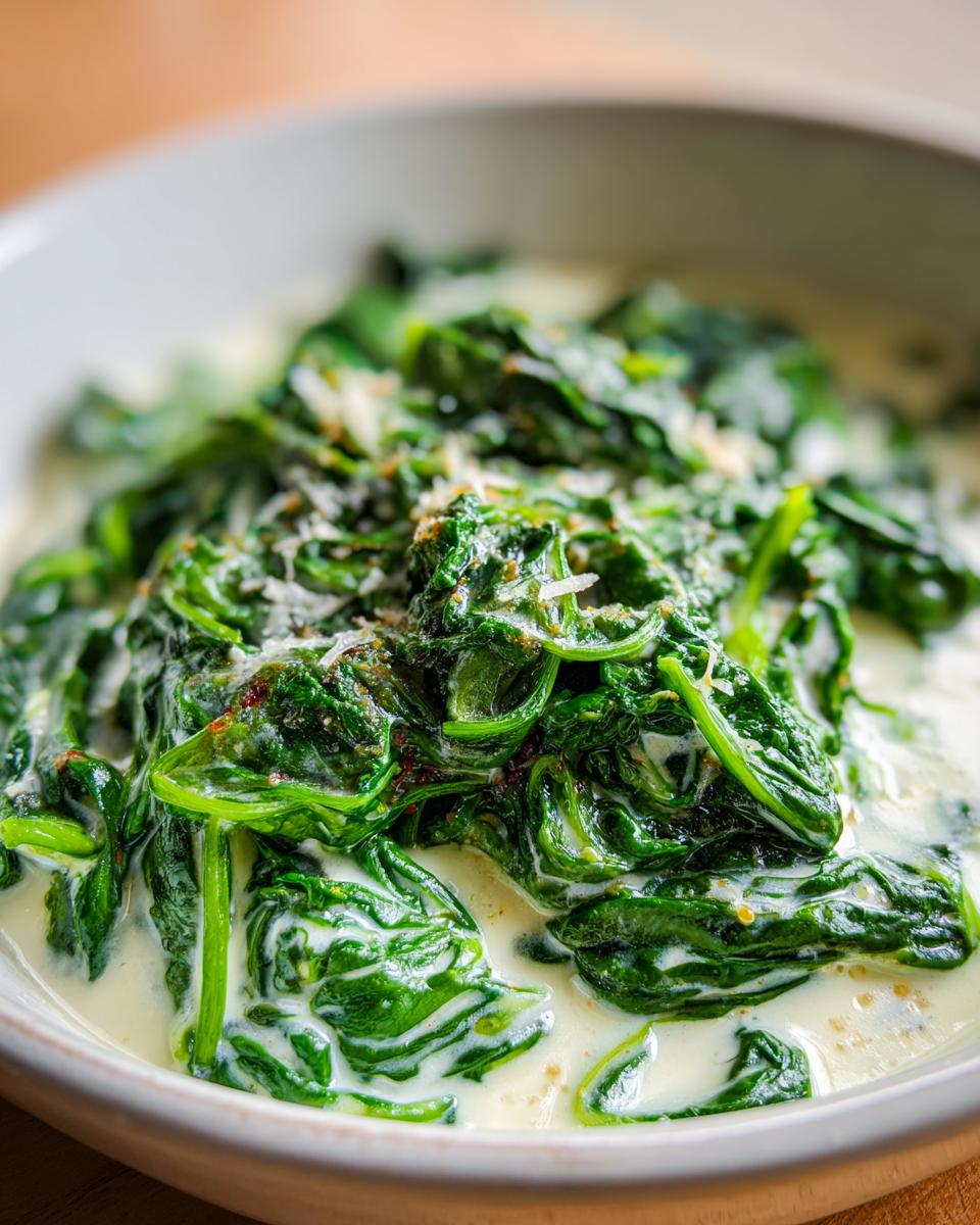 Close-up of creamy, delicious Creamed Spinach in a bowl, garnished with cheese.