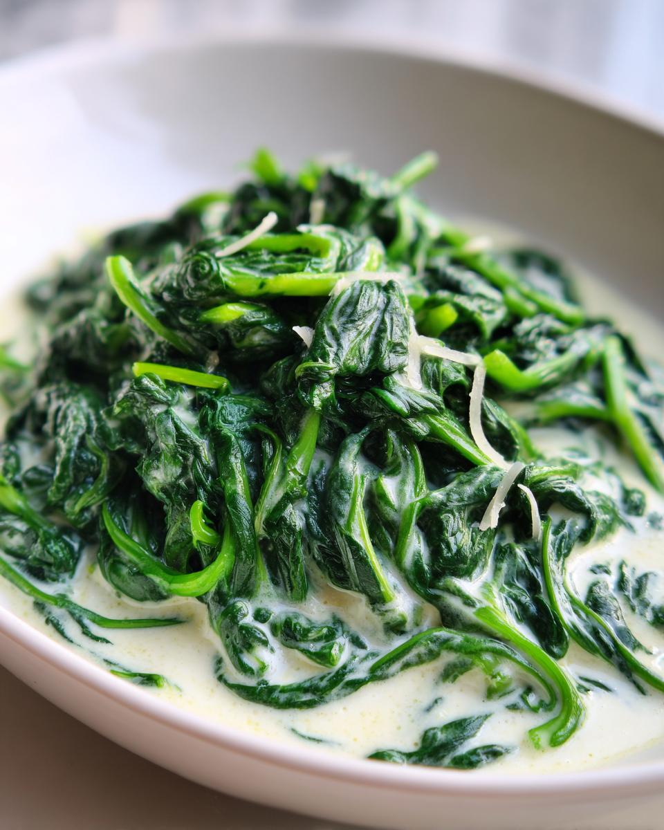 Close-up of creamy Creamed Spinach in a white bowl, showing the spinach and creamy sauce.