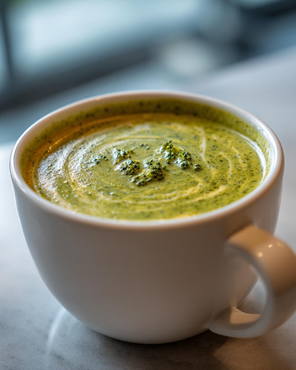Close-up of a mug filled with creamy broccoli cheddar soup, garnished with broccoli florets.
