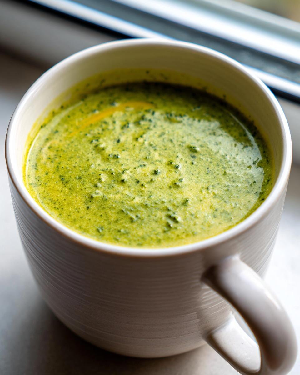 Close-up of a mug filled with creamy broccoli cheddar soup, a delicious and comforting dish.