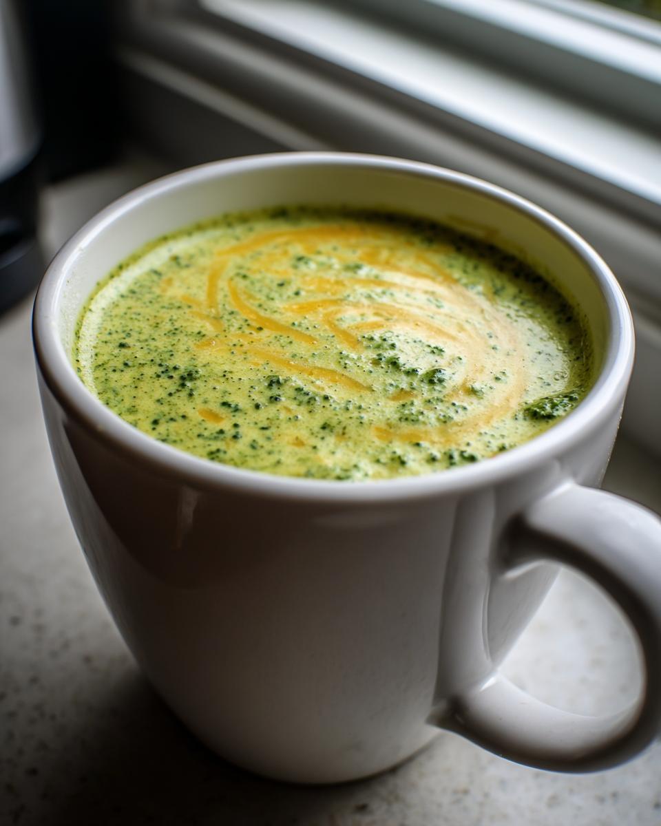 Close-up of a mug filled with Creamy Broccoli Cheddar Soup, swirled with cheese.