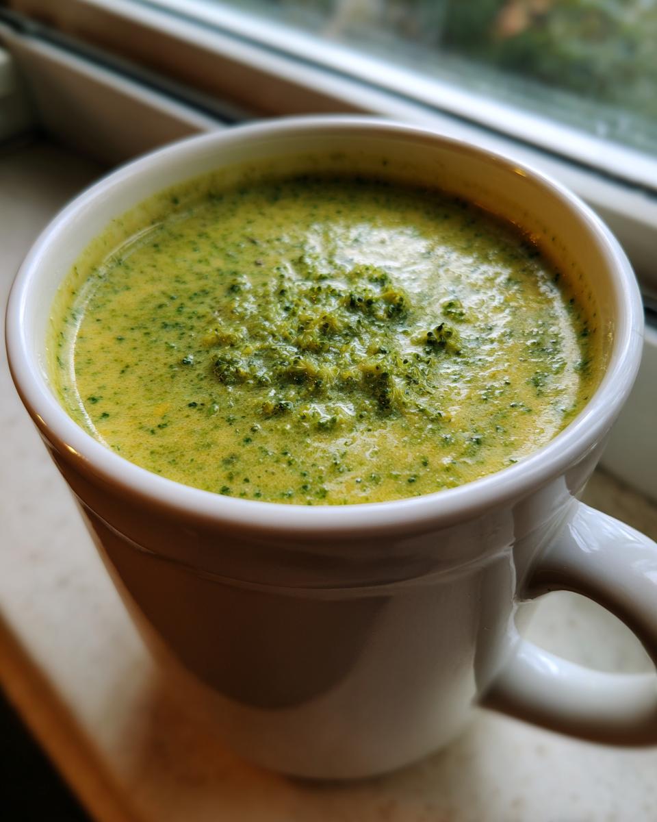 Close-up of a mug filled with Creamy Broccoli Cheddar Soup, a comforting and delicious meal.