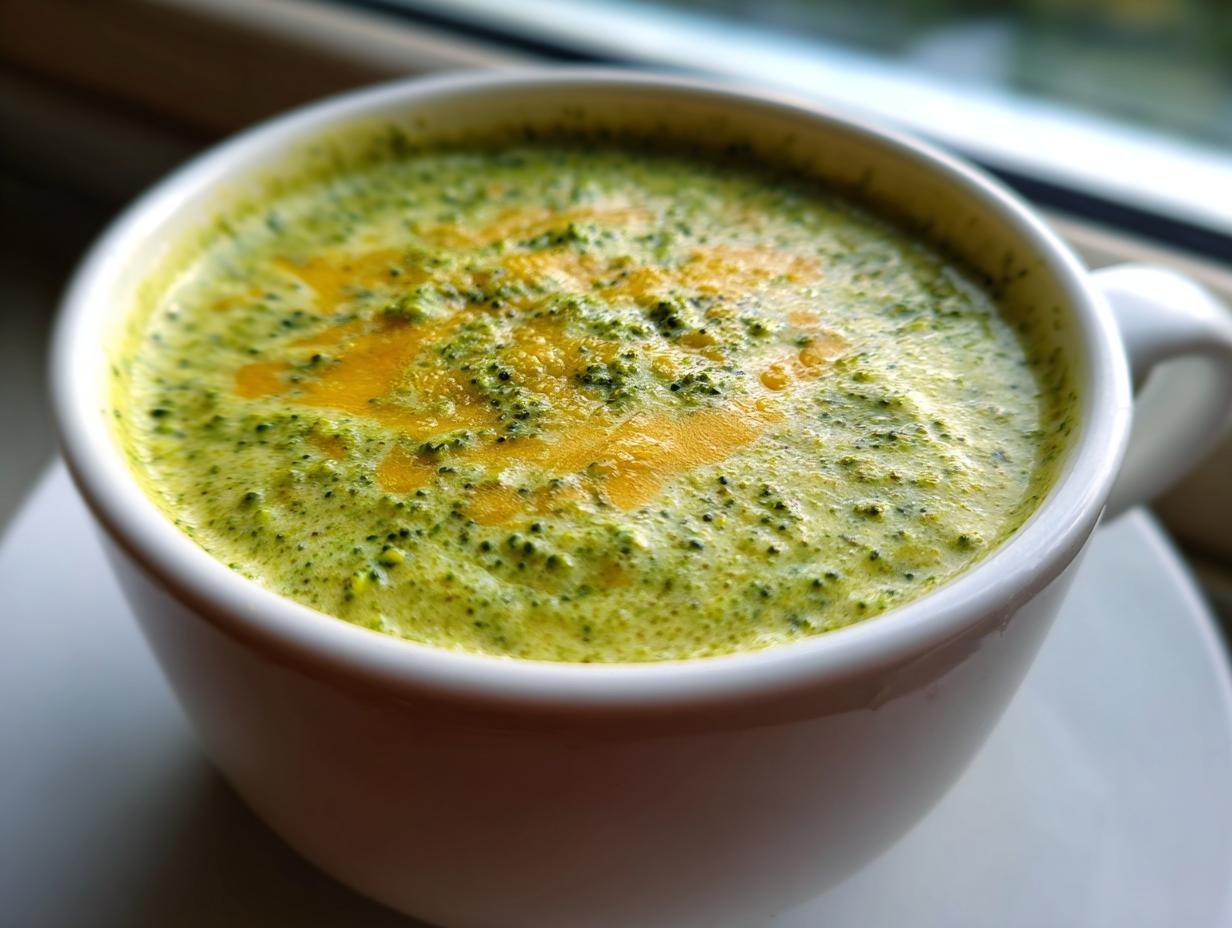 Close-up of a mug filled with Creamy Broccoli Cheddar Soup, a comforting and delicious soup.