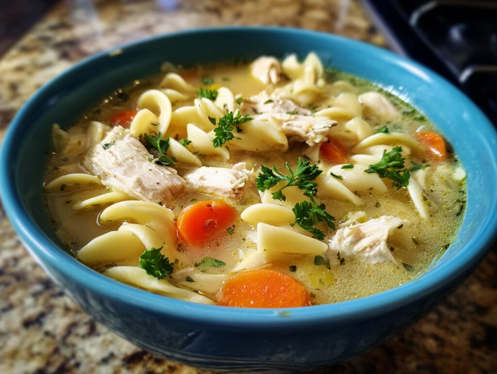 A bowl of Creamy Chicken Noodle Soup with chicken, noodles, and carrots, garnished with parsley.