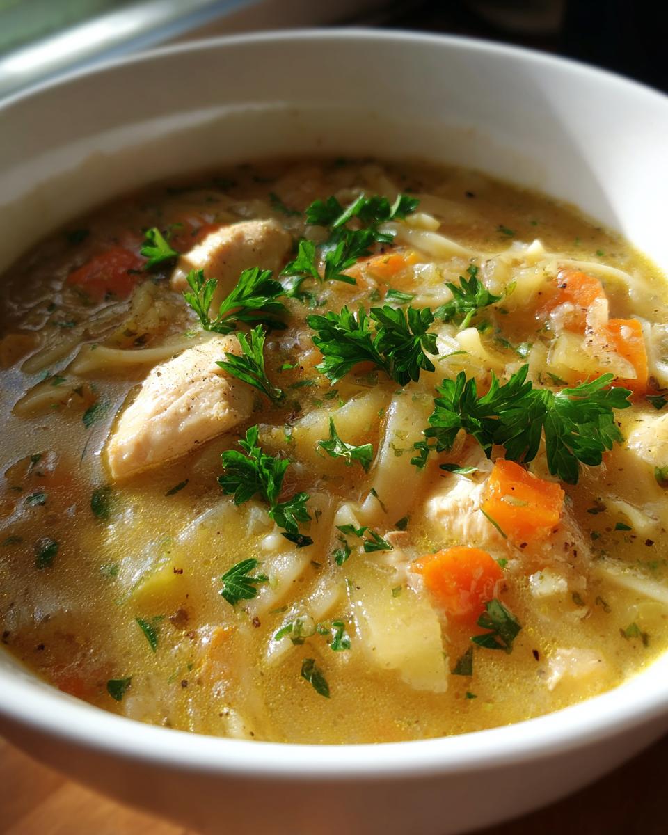 Close-up of a bowl of Creamy Chicken Noodle Soup, with chicken, noodles, carrots, and herbs.